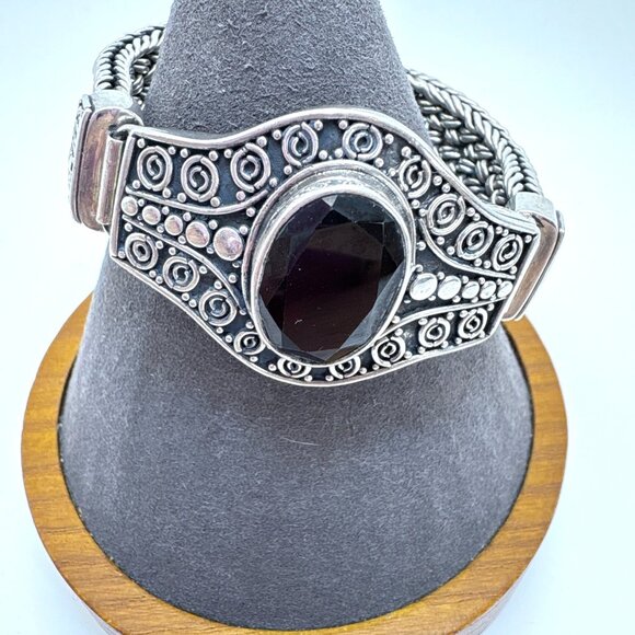VTG Sterling Silver 925 Dark Garnet Intricate Link Bracelet Size 7.25